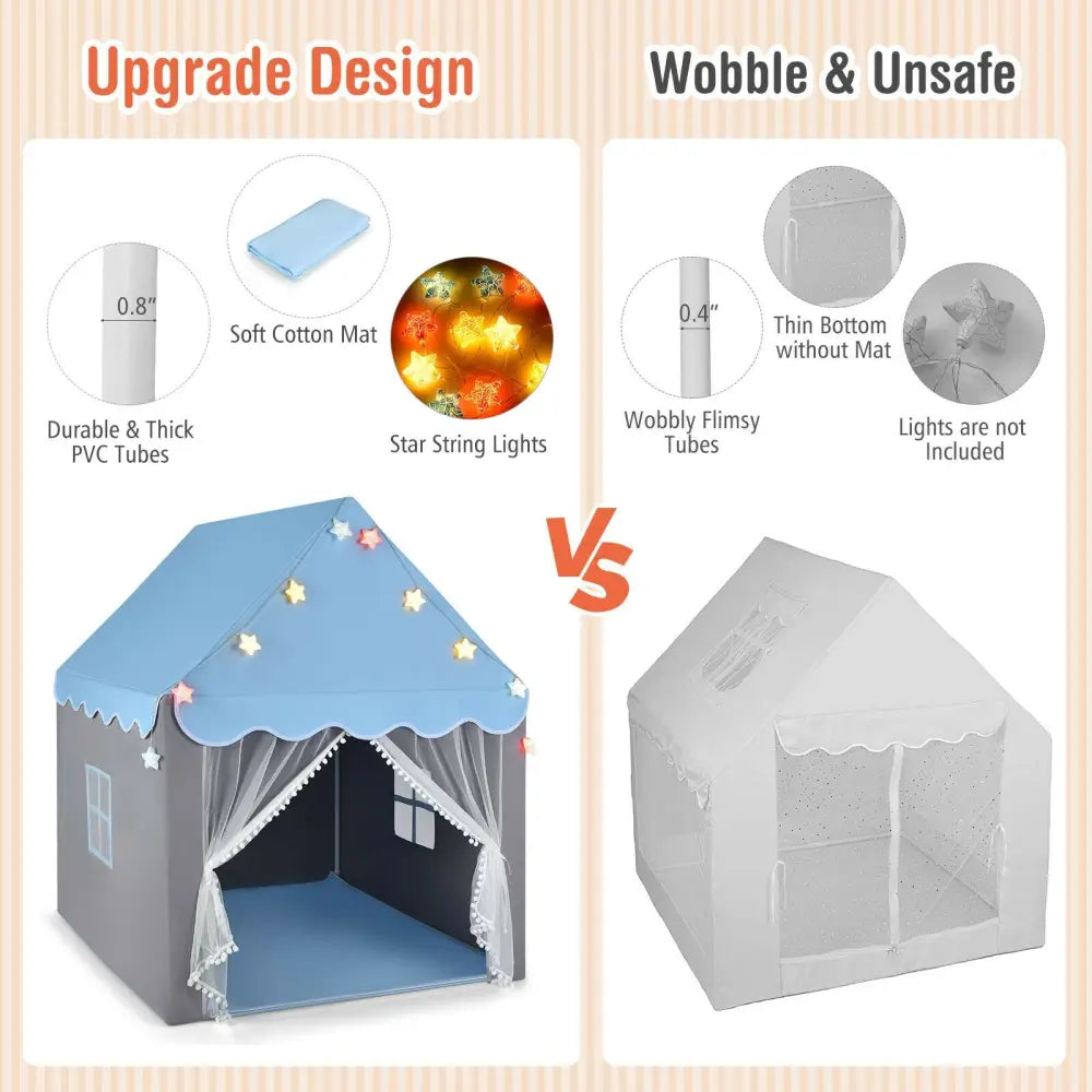 Kids Playhouse Tent with Star Lights and Mat-Blue - Blue - Play Tents & Playhouse