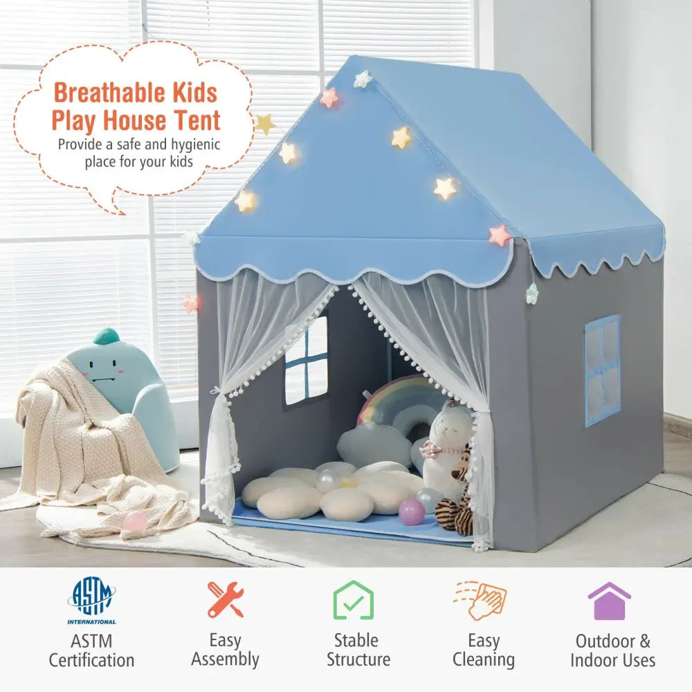 Kids Playhouse Tent with Star Lights and Mat-Blue - Blue - Play Tents & Playhouse