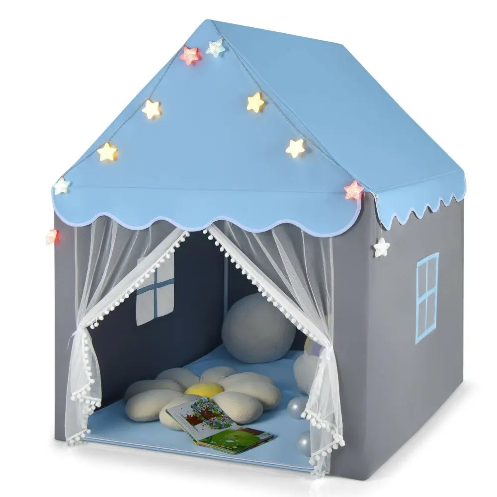 Kids Playhouse Tent with Star Lights and Mat-Blue - Blue - Play Tents & Playhouse