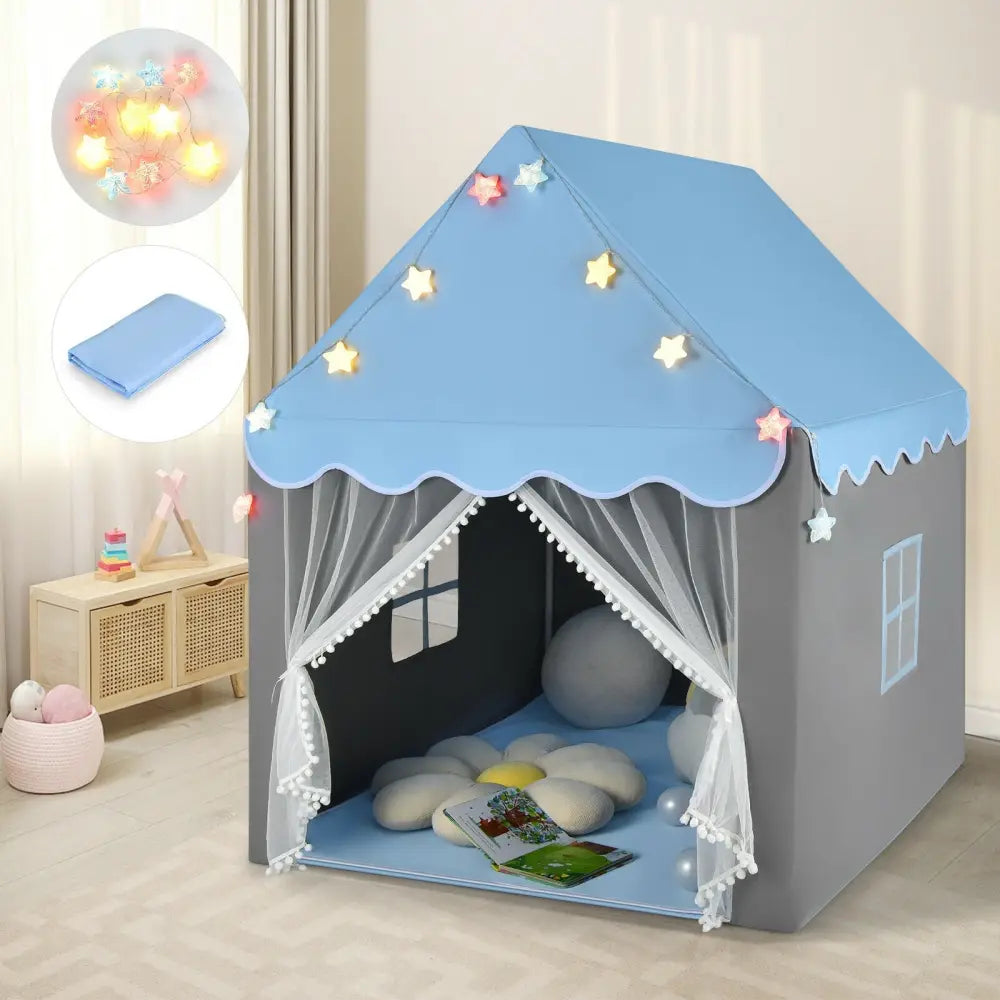 Kids Playhouse Tent with Star Lights and Mat-Blue - Blue - Play Tents & Playhouse