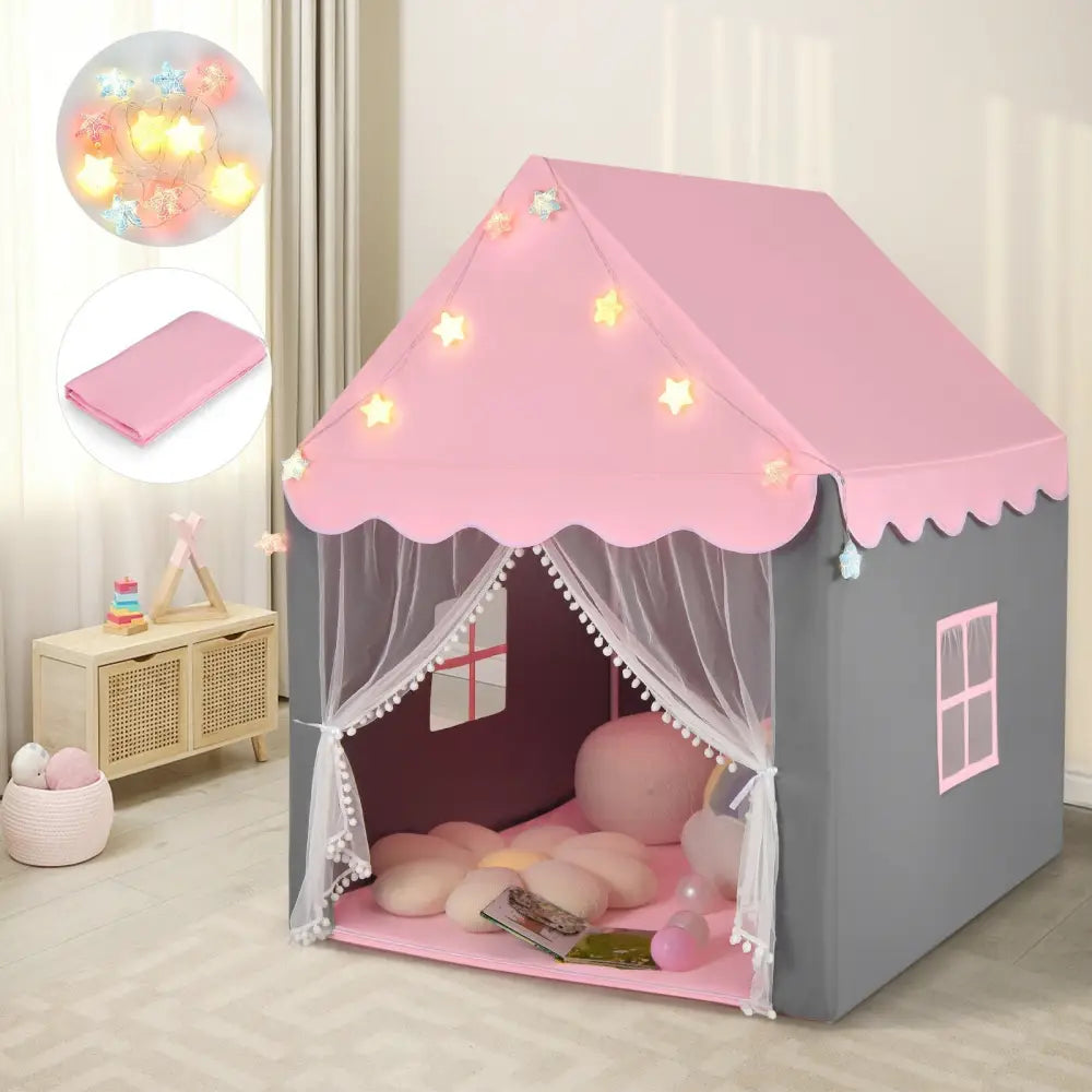 Kids Playhouse Tent with Star Lights and Mat-Pink - Pink - Play Tents & Playhouse