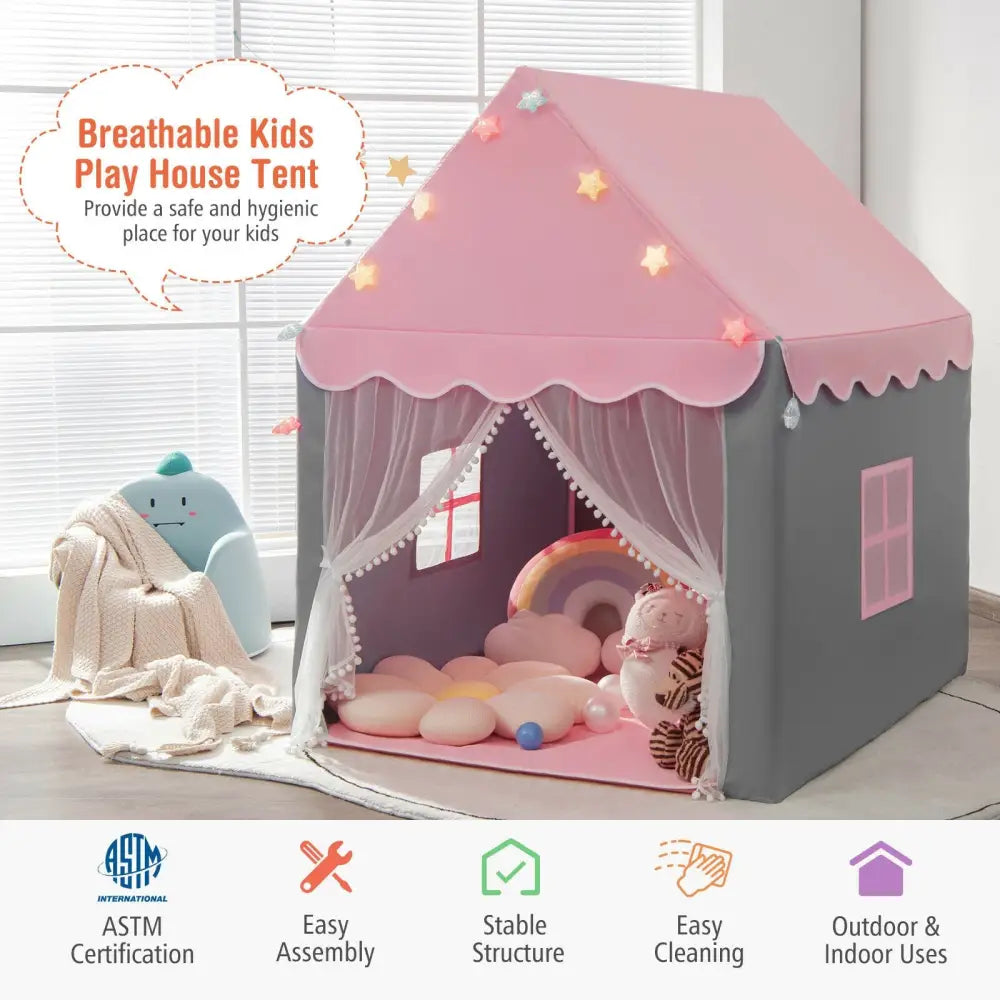 Kids Playhouse Tent with Star Lights and Mat-Pink - Pink - Play Tents & Playhouse