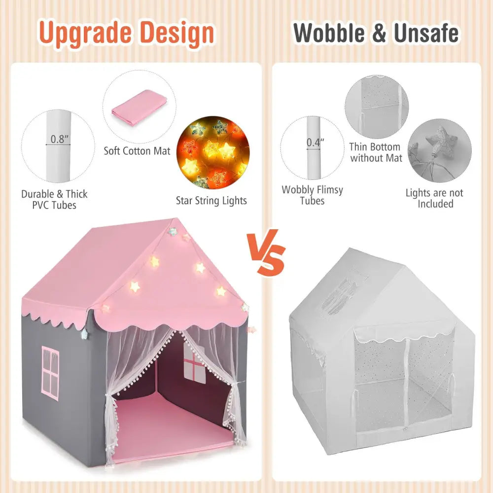 Kids Playhouse Tent with Star Lights and Mat-Pink - Pink - Play Tents & Playhouse