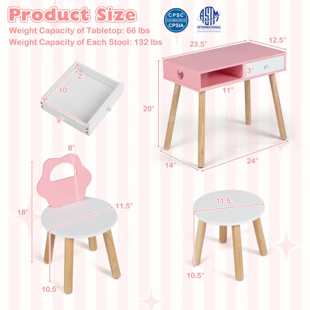 Kids Pretend Nail Salon Playset with Chair and Stool Wooden Toddlers Makeup and Manicure Kit with Eye Shadow-Pink