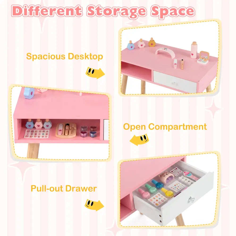 Kids Pretend Nail Salon Playset with Chair and Stool Wooden Toddlers Makeup and Manicure Kit with Eye Shadow-Pink