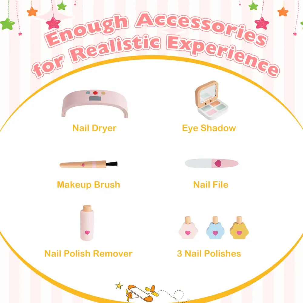Kids Pretend Nail Salon Playset with Chair and Stool Wooden Toddlers Makeup and Manicure Kit with Eye Shadow-Pink