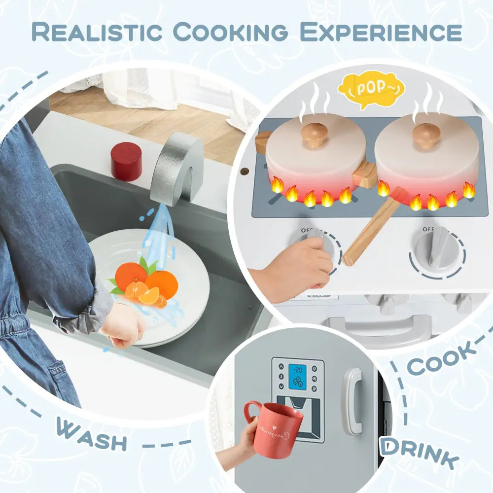 Kids Pretend Play Kitchen Cooking Set with Simulated Sound - Gray - Play Kitchen Sets