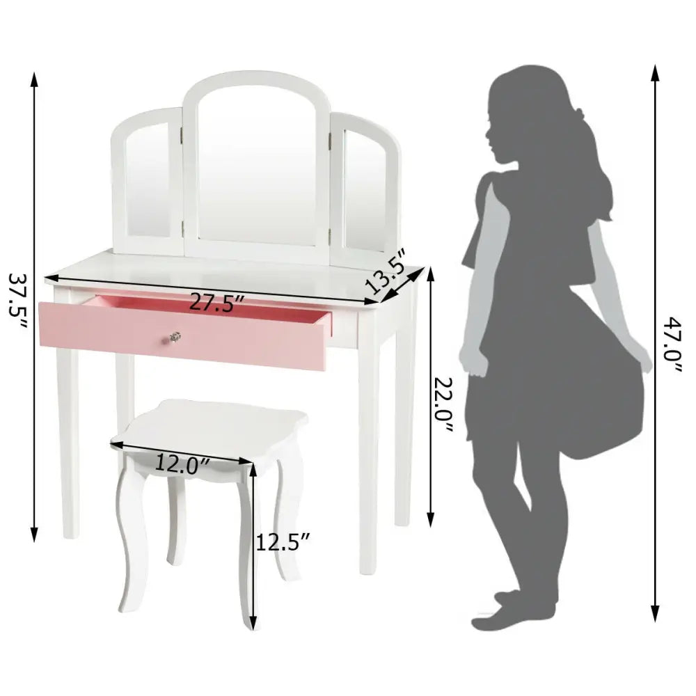 Kids Princess Make Up Dressing Table with Tri-folding Mirror and Chair-White - White - Kids Vanities