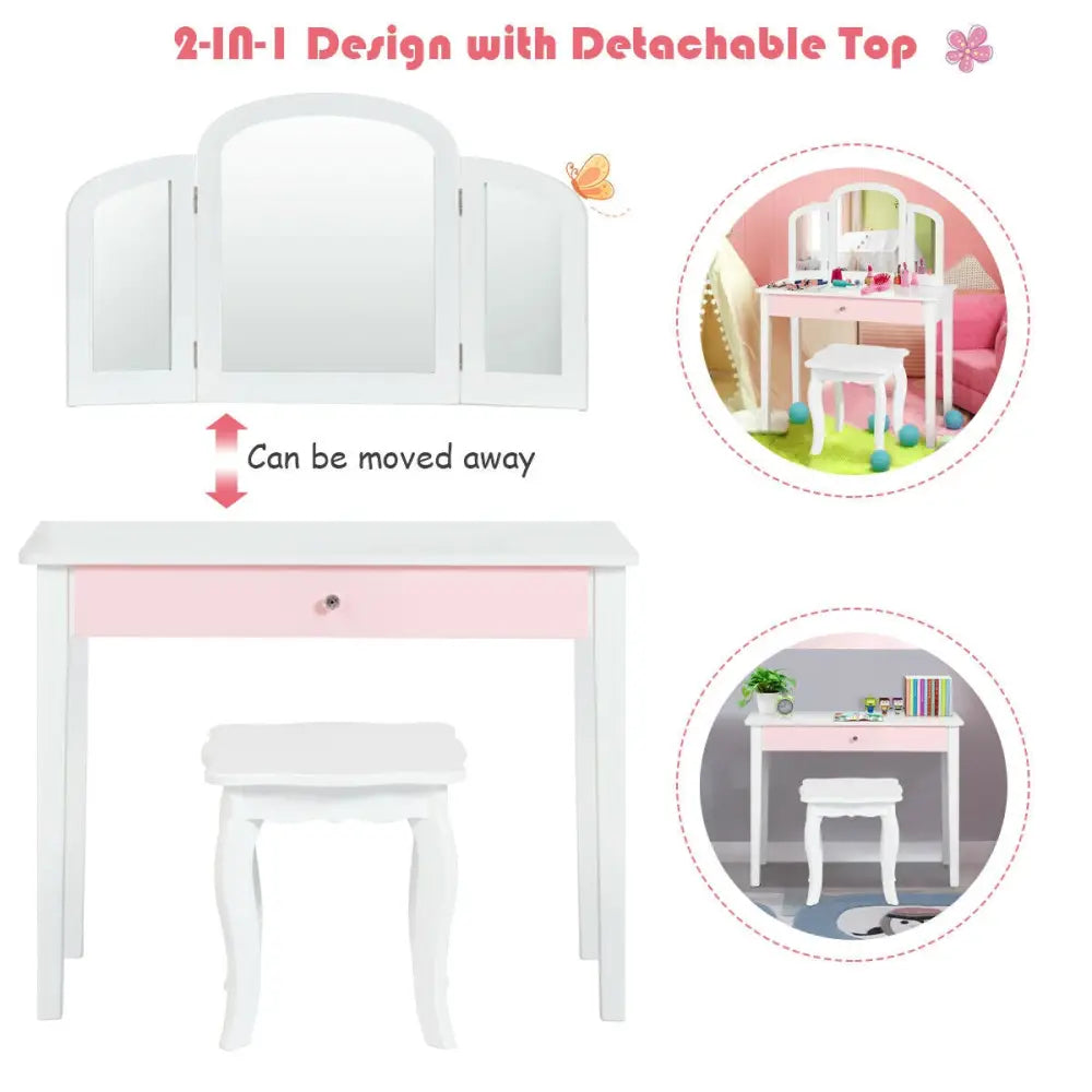 Kids Princess Make Up Dressing Table with Tri-folding Mirror and Chair-White - White - Kids Vanities