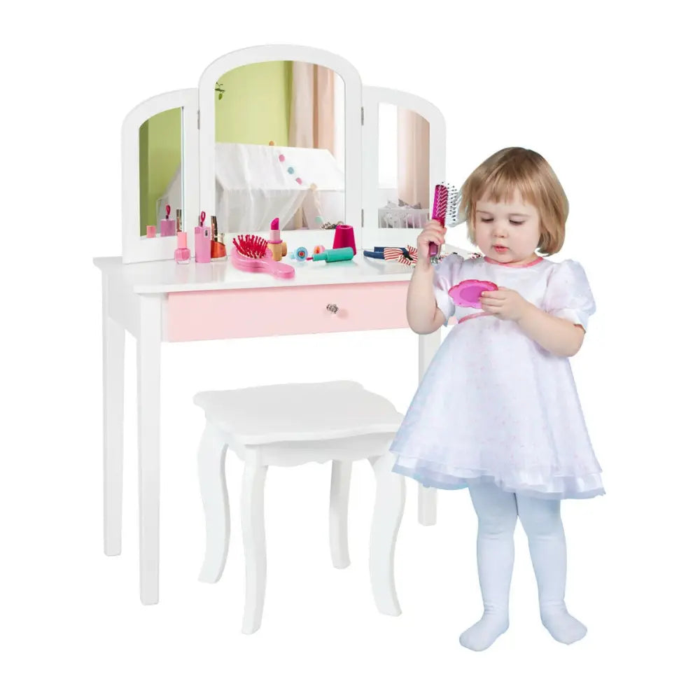 Kids Princess Make Up Dressing Table with Tri-folding Mirror and Chair-White - White - Kids Vanities