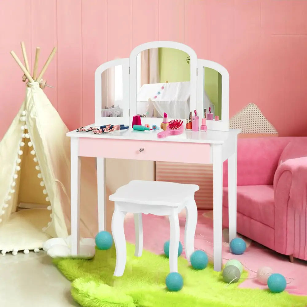 Kids Princess Make Up Dressing Table with Tri-folding Mirror and Chair-White - White - Kids Vanities