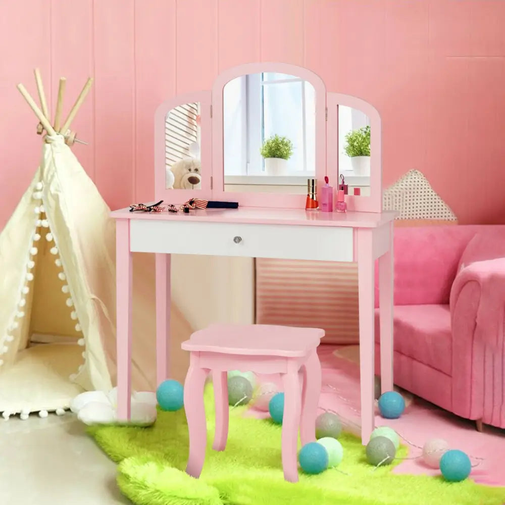 Kids Princess Make Up Dressing Table with Tri-folding Mirror and Chair-Pink - Pink - Kids Vanities