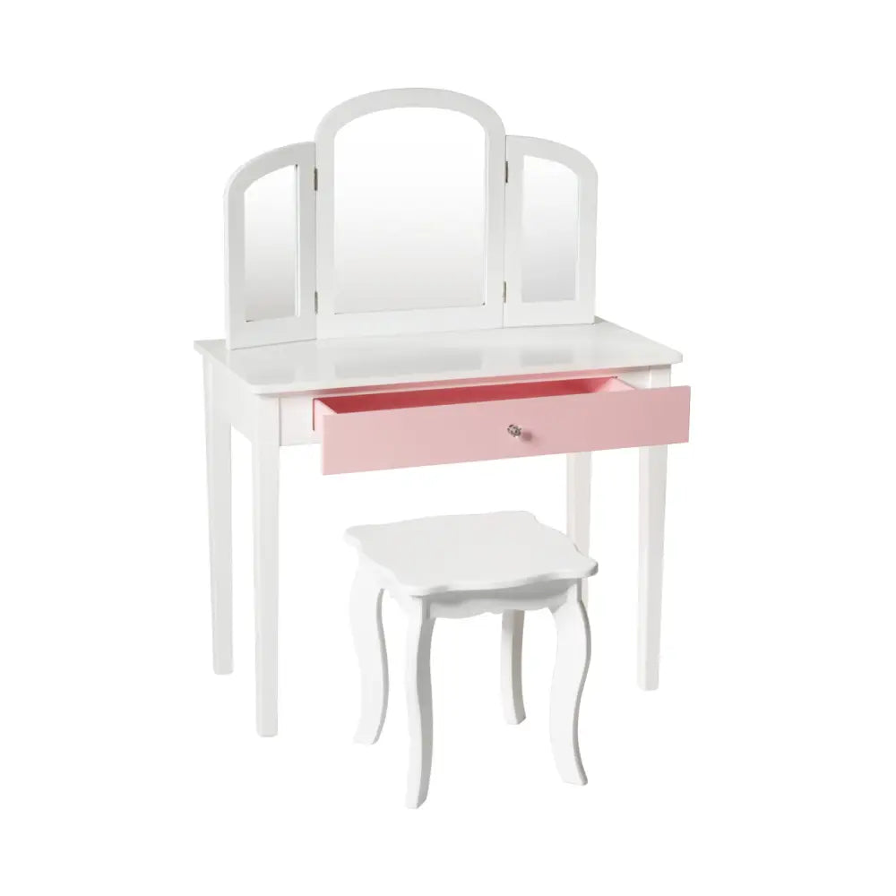 Kids Princess Make Up Dressing Table with Tri-folding Mirror and Chair-White - White - Kids Vanities