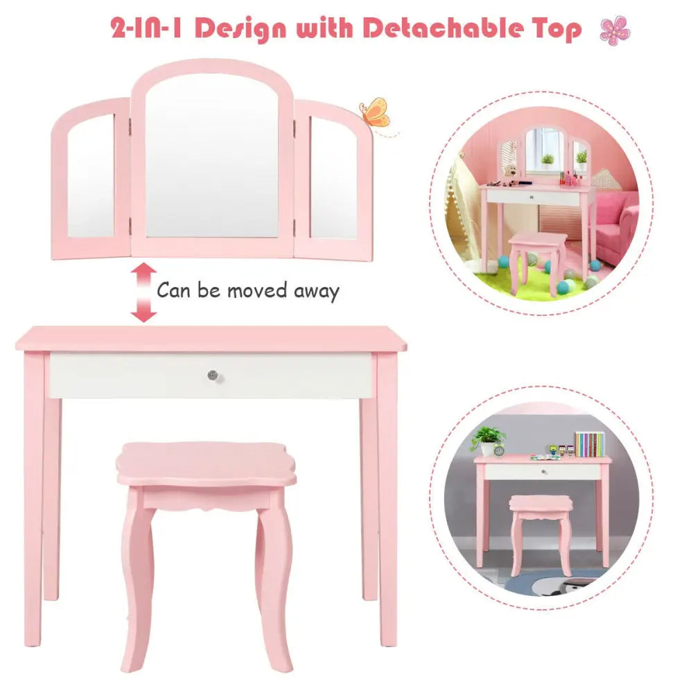 Kids Princess Make Up Dressing Table with Tri-folding Mirror and Chair-Pink - Pink - Kids Vanities
