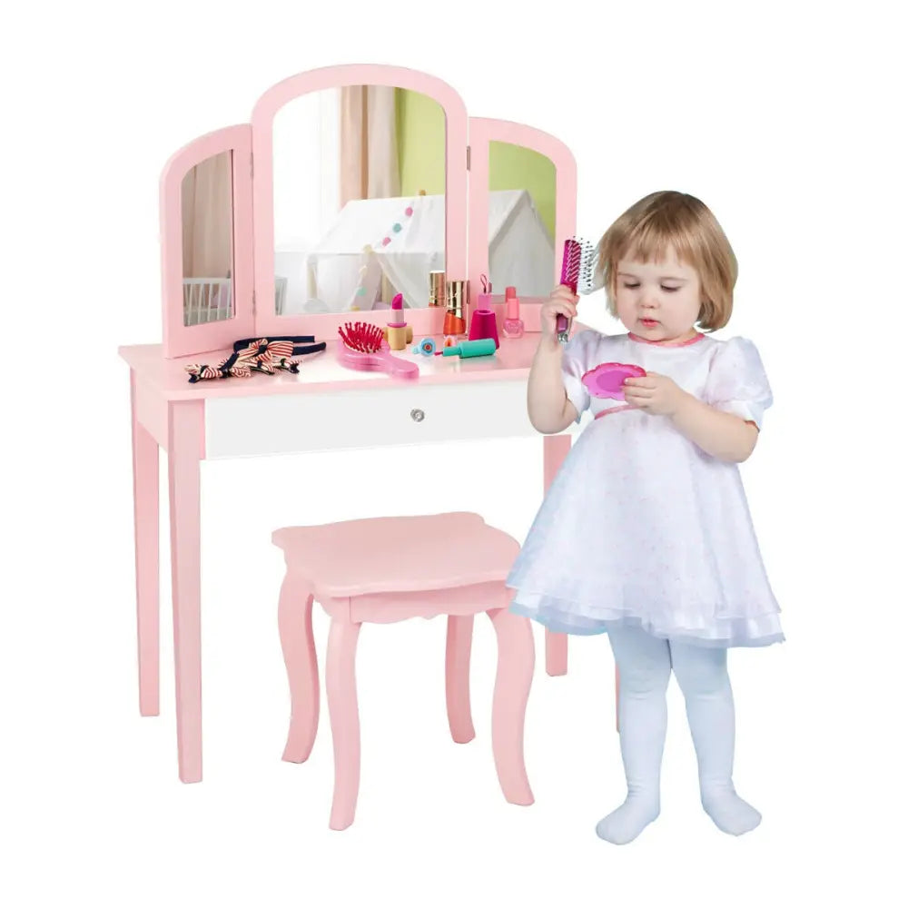 Kids Princess Make Up Dressing Table with Tri-folding Mirror and Chair-Pink - Pink - Kids Vanities