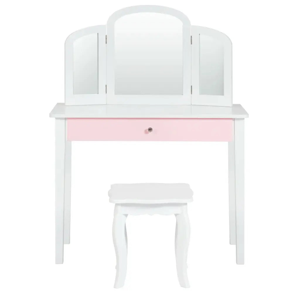 Kids Princess Make Up Dressing Table with Tri-folding Mirror and Chair-White - White - Kids Vanities