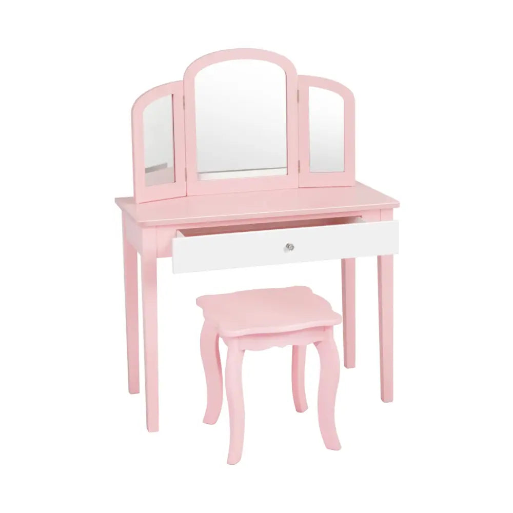 Kids Princess Make Up Dressing Table with Tri-folding Mirror and Chair-Pink - Pink - Kids Vanities