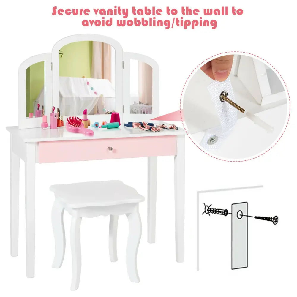 Kids Princess Make Up Dressing Table with Tri-folding Mirror and Chair-White - White - Kids Vanities