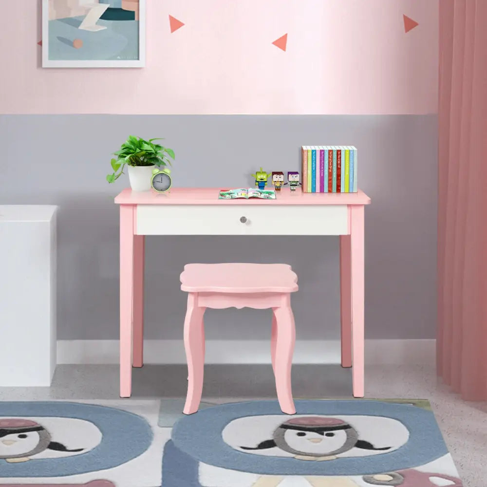 Kids Princess Make Up Dressing Table with Tri-folding Mirror and Chair-Pink - Pink - Kids Vanities