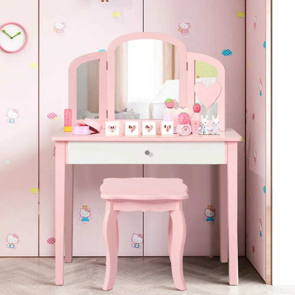 Kids Princess Make Up Dressing Table with Tri-folding Mirror and Chair-Pink - Pink - Kids Vanities