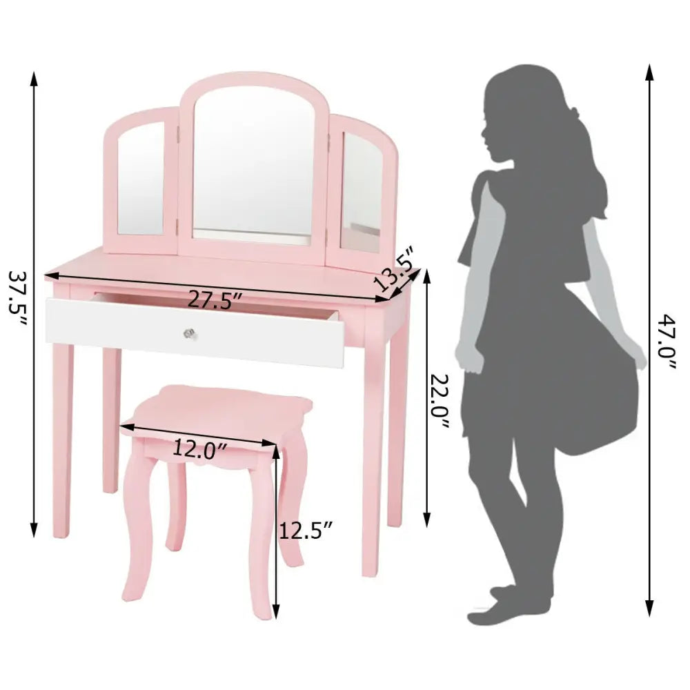 Kids Princess Make Up Dressing Table with Tri-folding Mirror and Chair-Pink - Pink - Kids Vanities