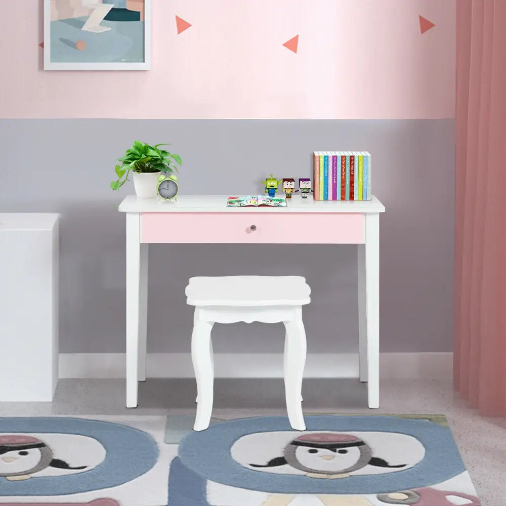 Kids Princess Make Up Dressing Table with Tri-folding Mirror and Chair-White - White - Kids Vanities