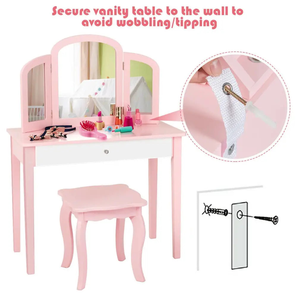 Kids Princess Make Up Dressing Table with Tri-folding Mirror and Chair-Pink - Pink - Kids Vanities