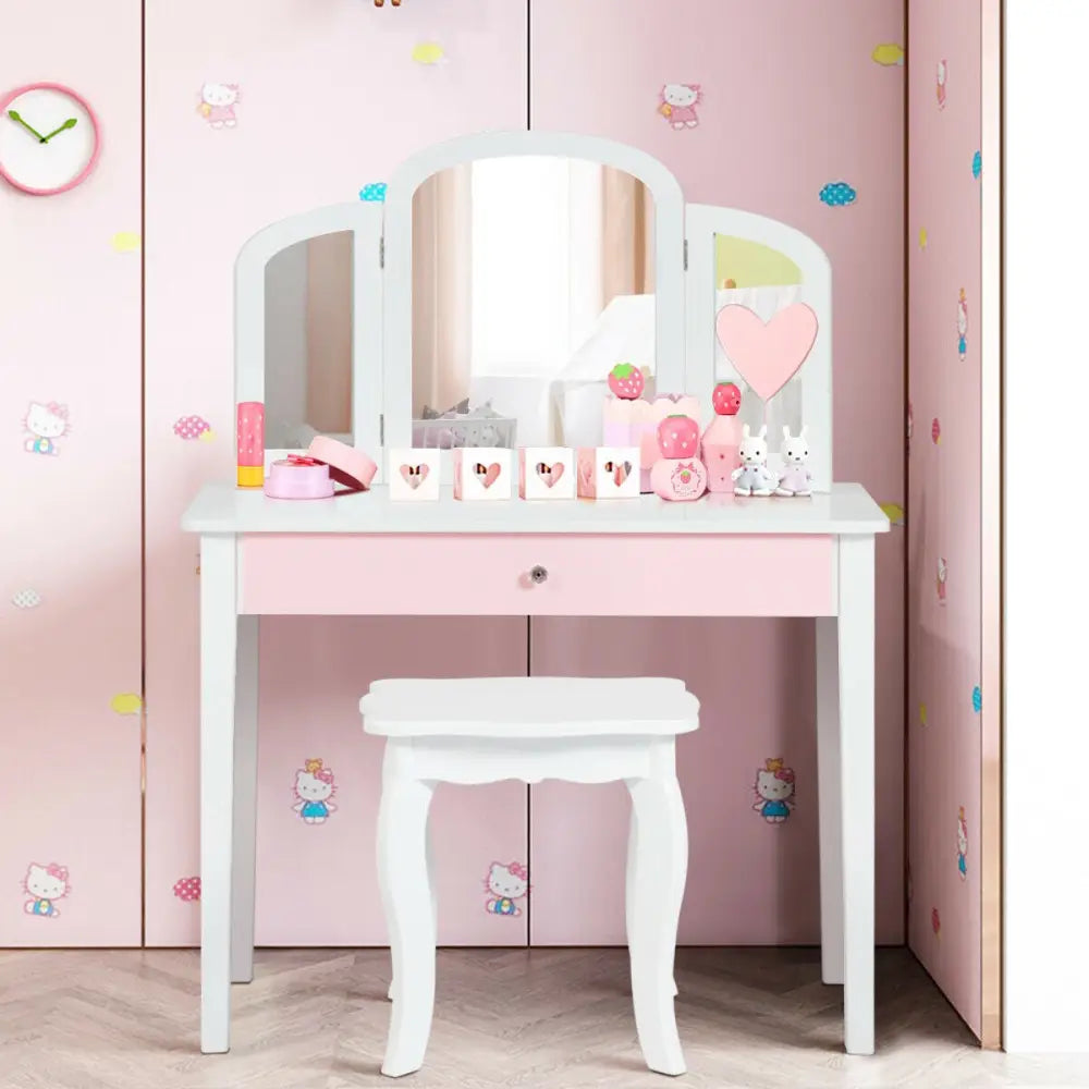 Kids Princess Make Up Dressing Table with Tri-folding Mirror and Chair-White - White - Kids Vanities