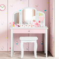 Kids Princess Make Up Dressing Table with Tri-folding Mirror and Chair-White - White - Kids Vanities