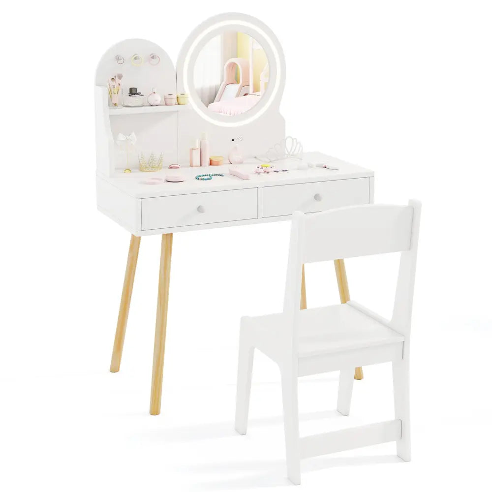 Kids Princess Makeup Dressing Desk and Chair Set with Mirror and Lights-White - White - Kids Table & Chair Sets