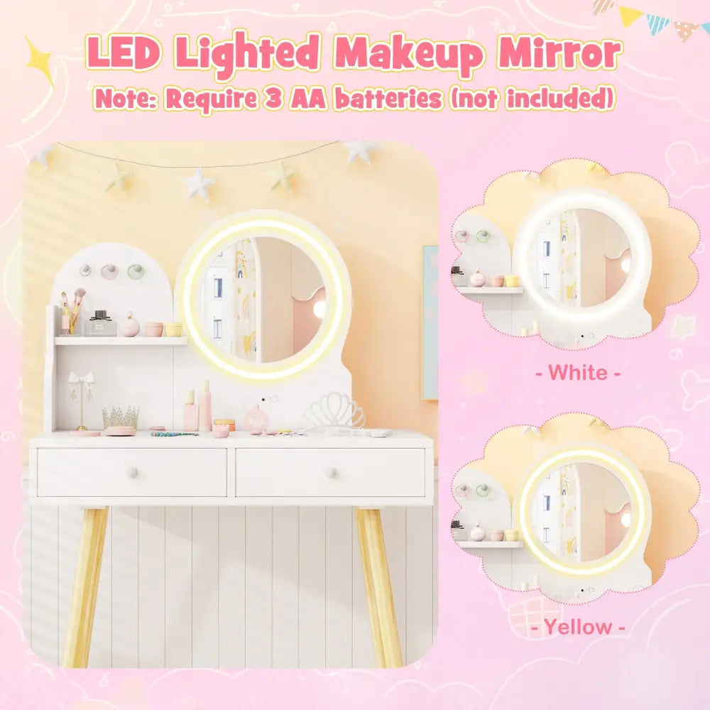 Kids Princess Makeup Dressing Desk and Chair Set with Mirror and Lights-White - White - Kids Table & Chair Sets