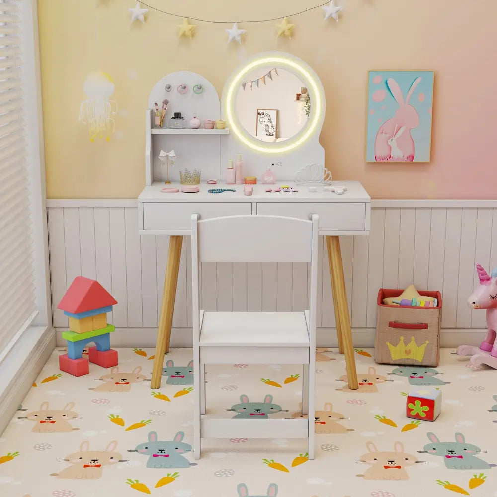 Kids Princess Makeup Dressing Desk and Chair Set with Mirror and Lights-White - White - Kids Table & Chair Sets