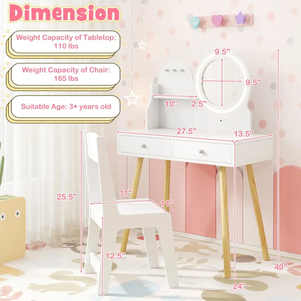 Kids Princess Makeup Dressing Desk and Chair Set with Mirror and Lights-White - White - Kids Table & Chair Sets