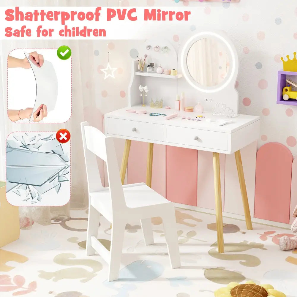 Kids Princess Makeup Dressing Desk and Chair Set with Mirror and Lights-White - White - Kids Table & Chair Sets
