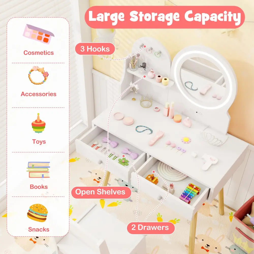 Kids Princess Makeup Dressing Desk and Chair Set with Mirror and Lights-White - White - Kids Table & Chair Sets