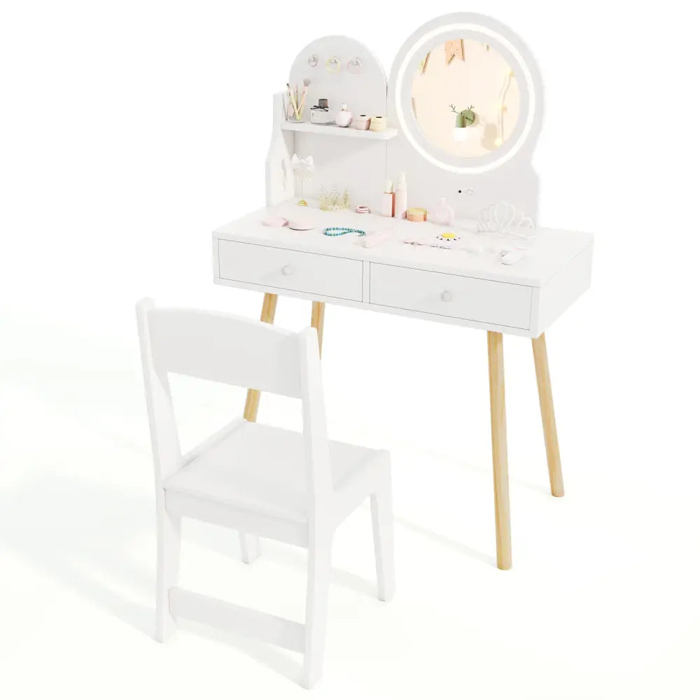 Kids Princess Makeup Dressing Desk and Chair Set with Mirror and Lights-White - White - Kids Table & Chair Sets