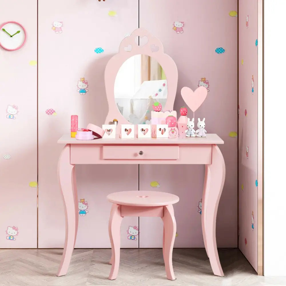 Kids Princess Makeup Dressing Play Table Set with Mirror -Pink - Pink - Kids Vanities