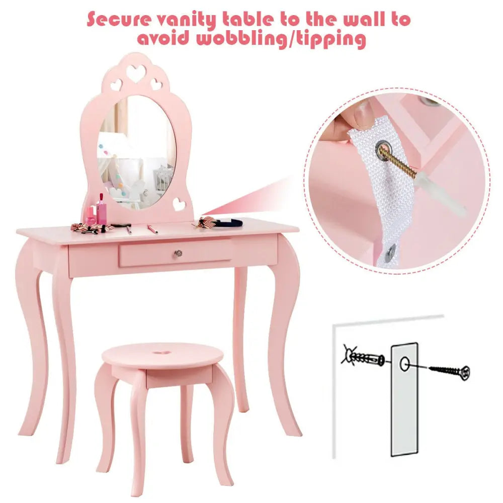 Kids Princess Makeup Dressing Play Table Set with Mirror -Pink - Pink - Kids Vanities