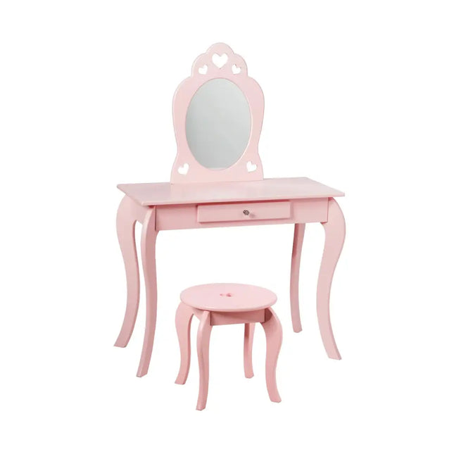 Kids Princess Makeup Dressing Play Table Set with Mirror -Pink - Pink - Kids Vanities