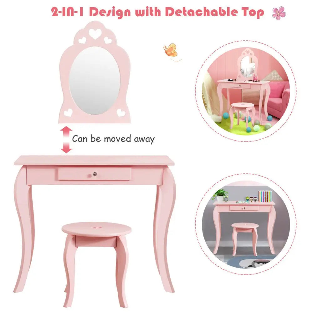 Kids Princess Makeup Dressing Play Table Set with Mirror -Pink - Pink - Kids Vanities