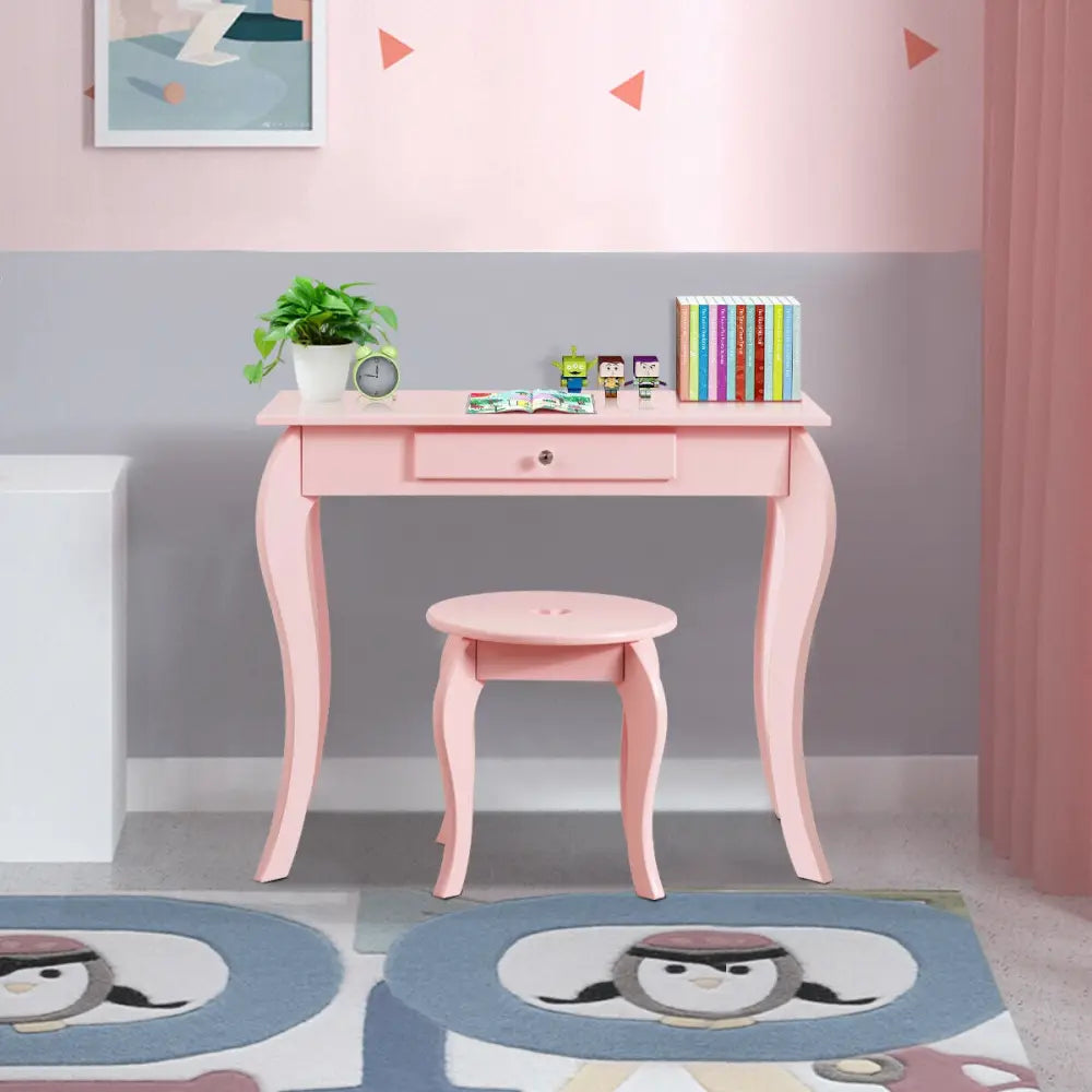 Kids Princess Makeup Dressing Play Table Set with Mirror -Pink - Pink - Kids Vanities