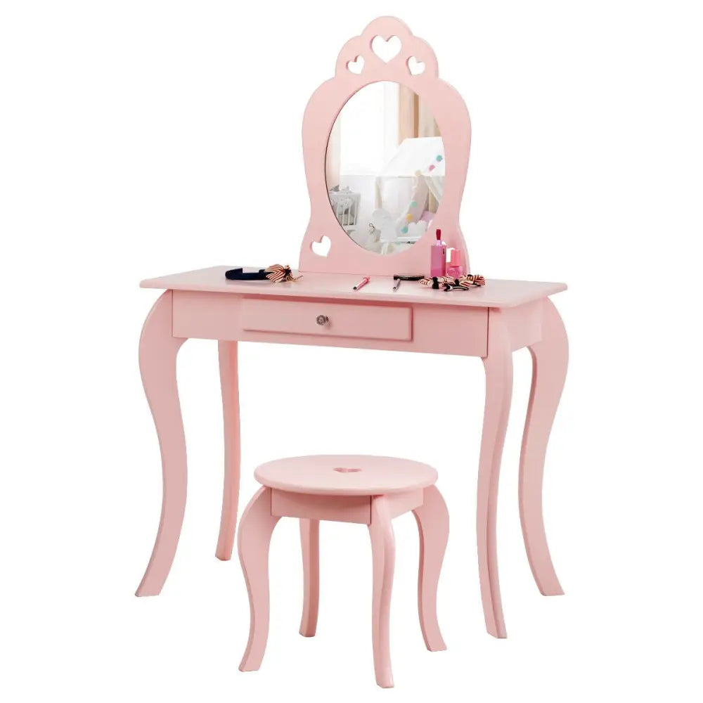 Kids Princess Makeup Dressing Play Table Set with Mirror -Pink - Pink - Kids Vanities