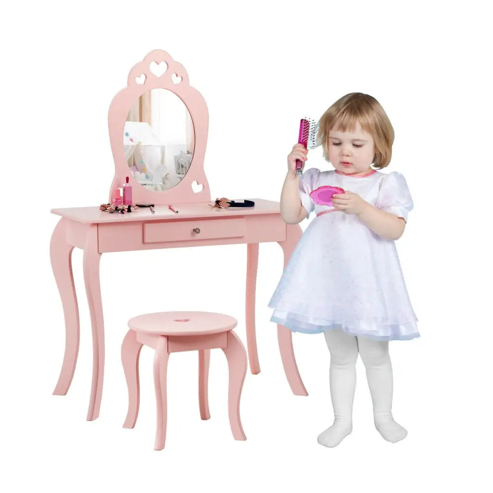 Kids Princess Makeup Dressing Play Table Set with Mirror -Pink - Pink - Kids Vanities