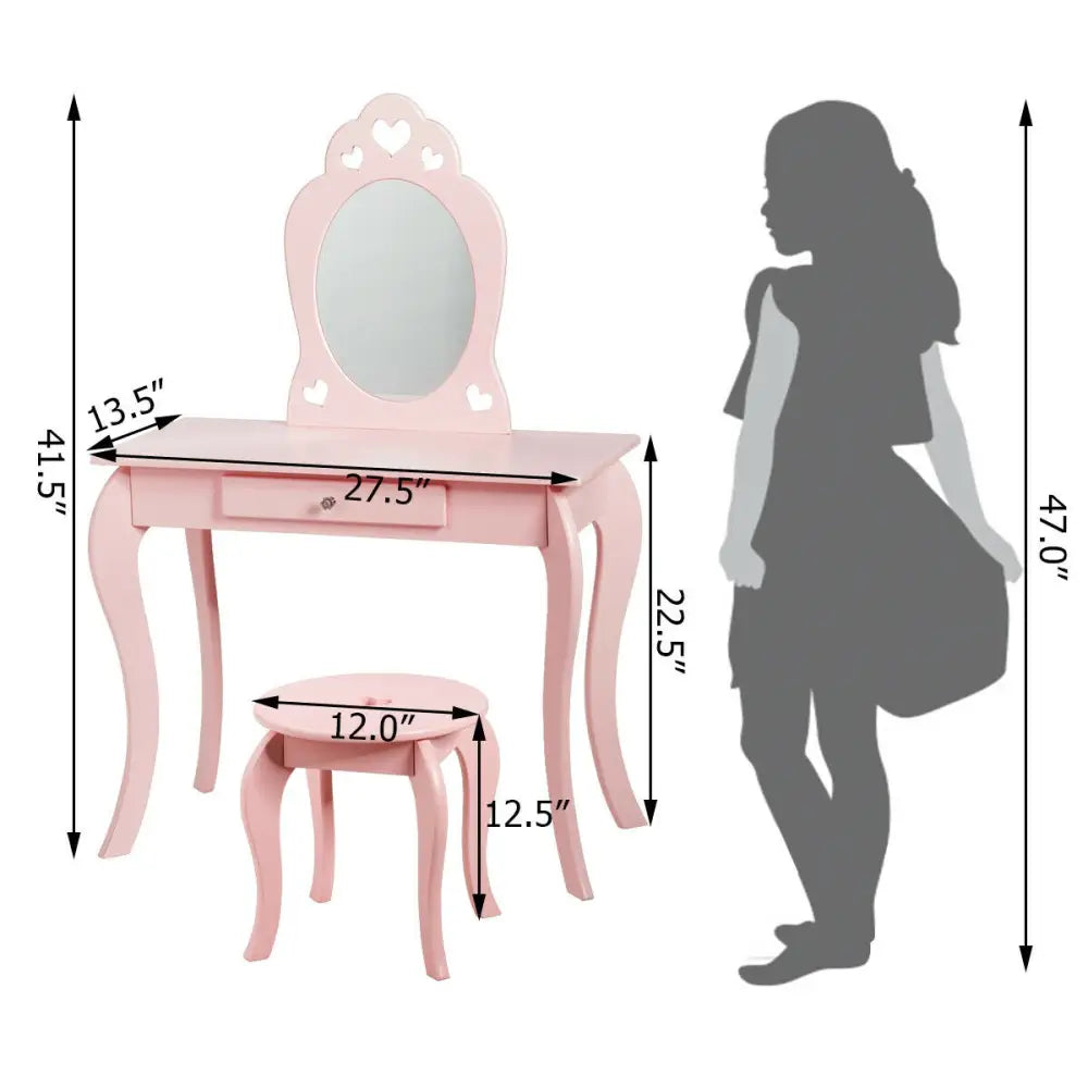 Kids Princess Makeup Dressing Play Table Set with Mirror -Pink - Pink - Kids Vanities