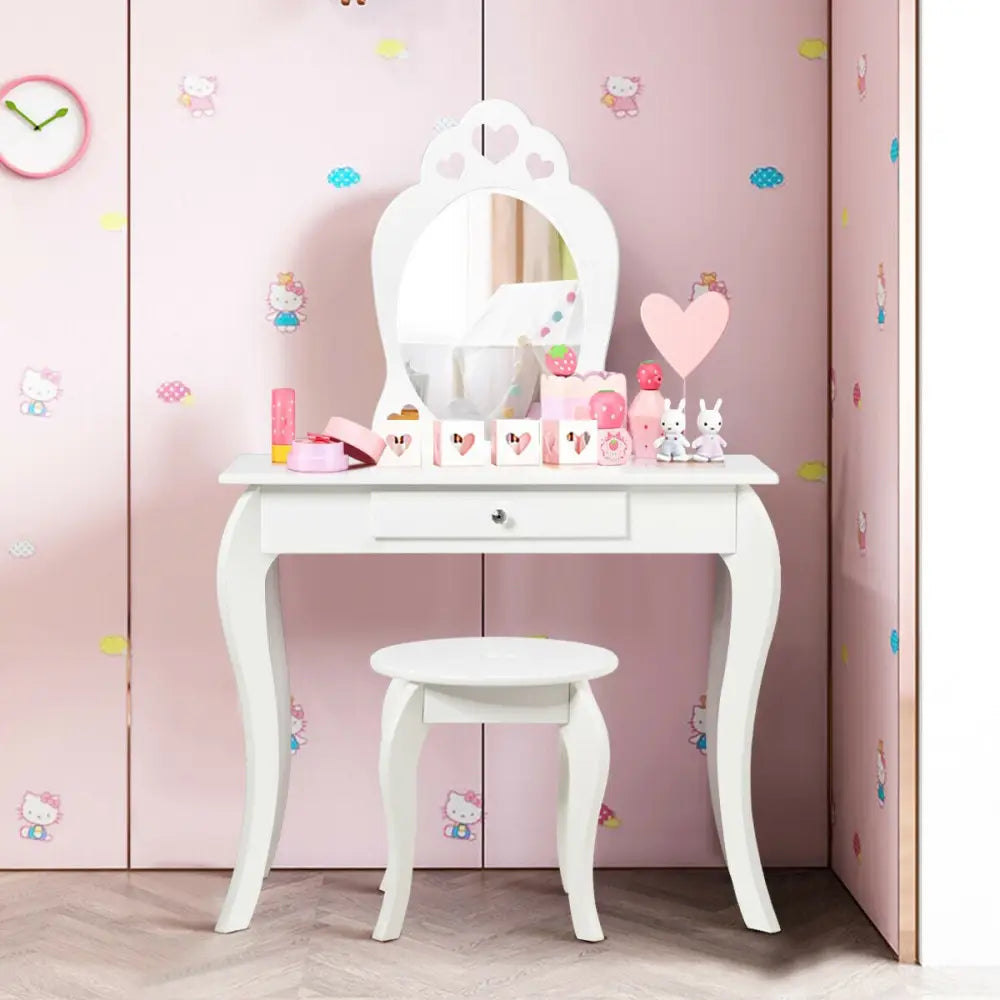Kids Princess Makeup Dressing Play Table Set with Mirror -White - White - Kids Vanities