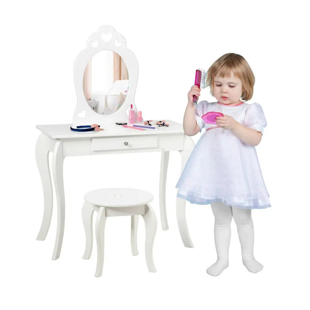 Kids Princess Makeup Dressing Play Table Set with Mirror -White - White - Kids Vanities