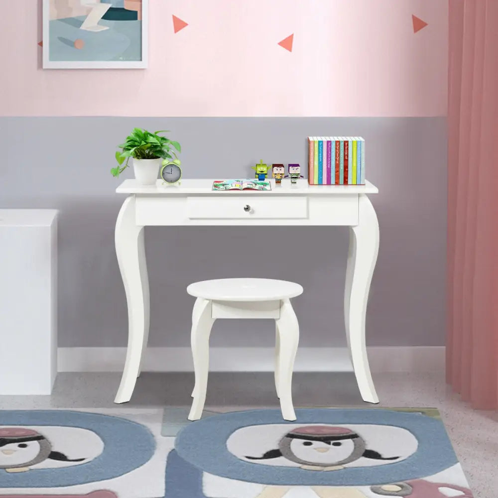 Kids Princess Makeup Dressing Play Table Set with Mirror -White - White - Kids Vanities