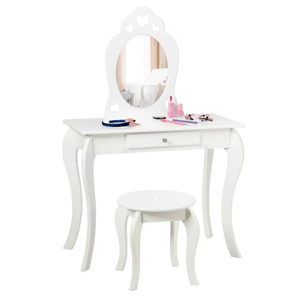 Kids Princess Makeup Dressing Play Table Set with Mirror -White - White - Kids Vanities