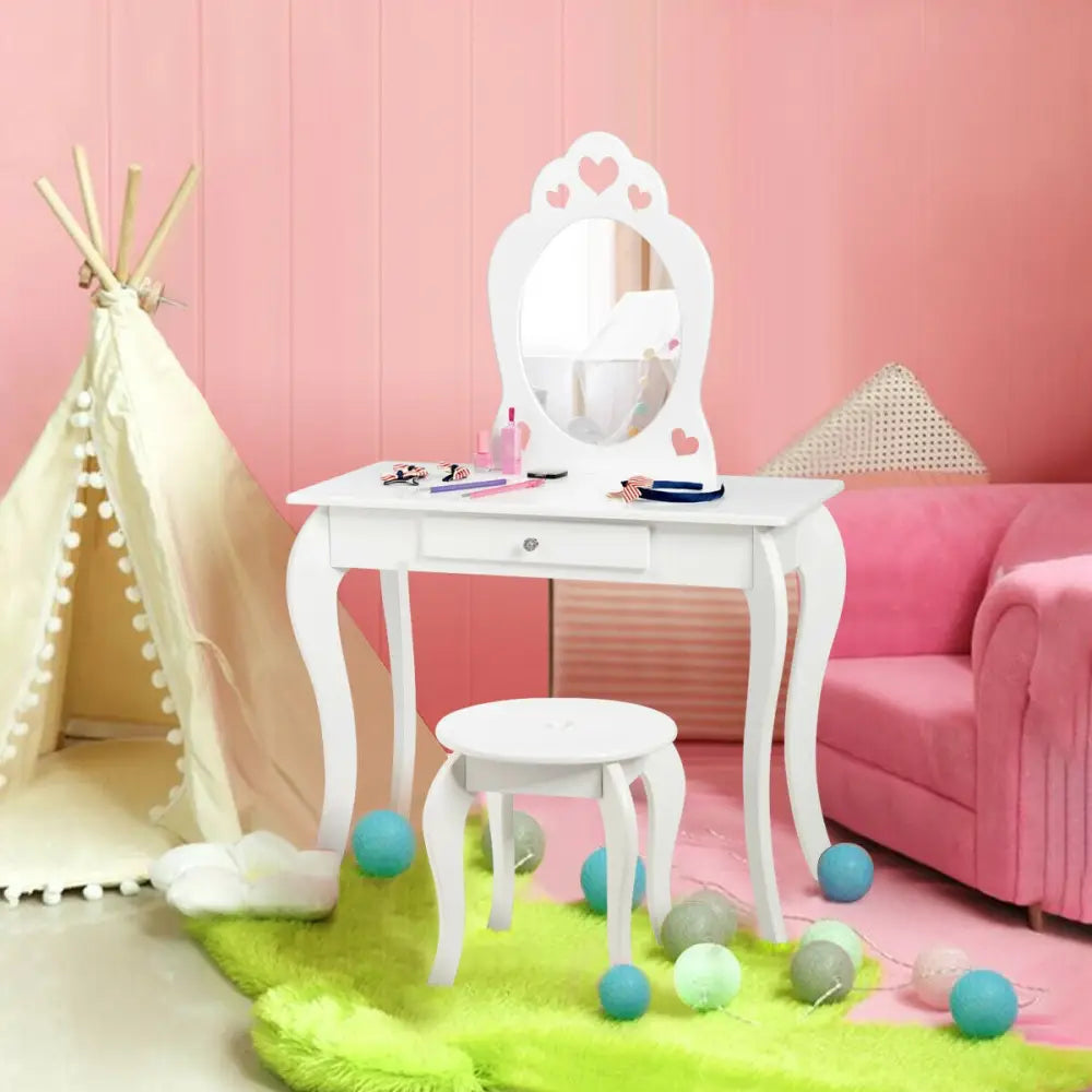 Kids Princess Makeup Dressing Play Table Set with Mirror -White - White - Kids Vanities