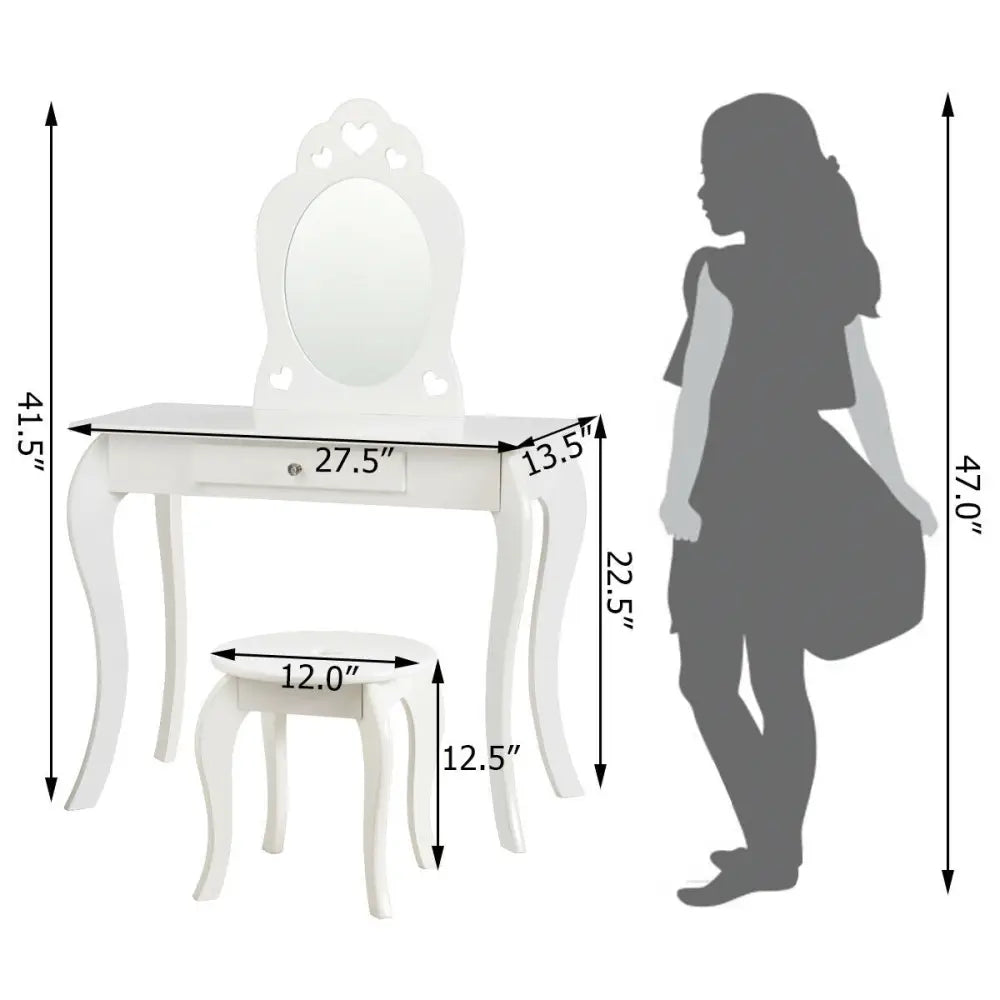 Kids Princess Makeup Dressing Play Table Set with Mirror -White - White - Kids Vanities